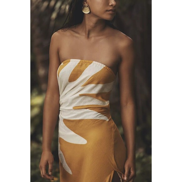 Anthropologie Celandine Strapless Cutout Linen-Blend Dress Sun Print L/XL 282022 - Picture 3 of 7